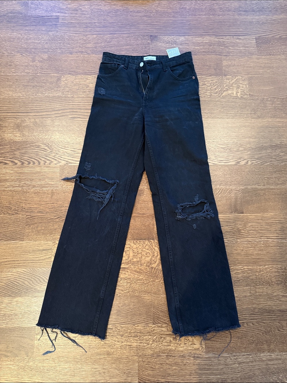 Zara Black Distressed High Waist Wide-Leg Jeans